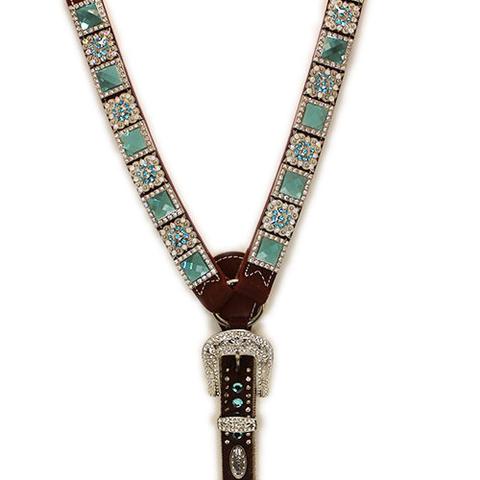 Genuine Leather Rhinestone Blue Square Breast Collar and Headstall Set