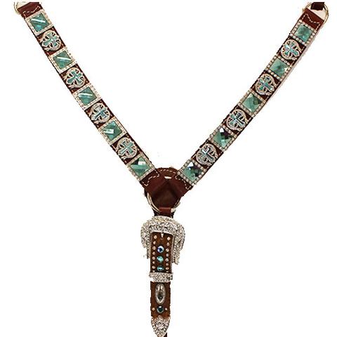 Genuine Leather Rhinestone Blue Cross Stone Breast Collar and Headstall Set