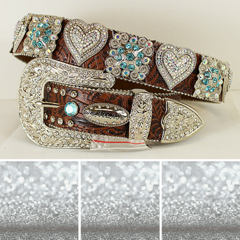 Brown Leather Rhinestone Belt With Heart And Turquoise Accents